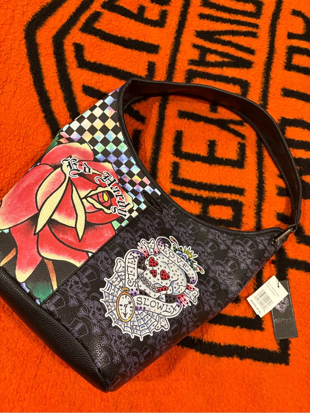 NWT Ed Hardy "Love Kills Slowly" Holographic Checkered Hobo Bag
